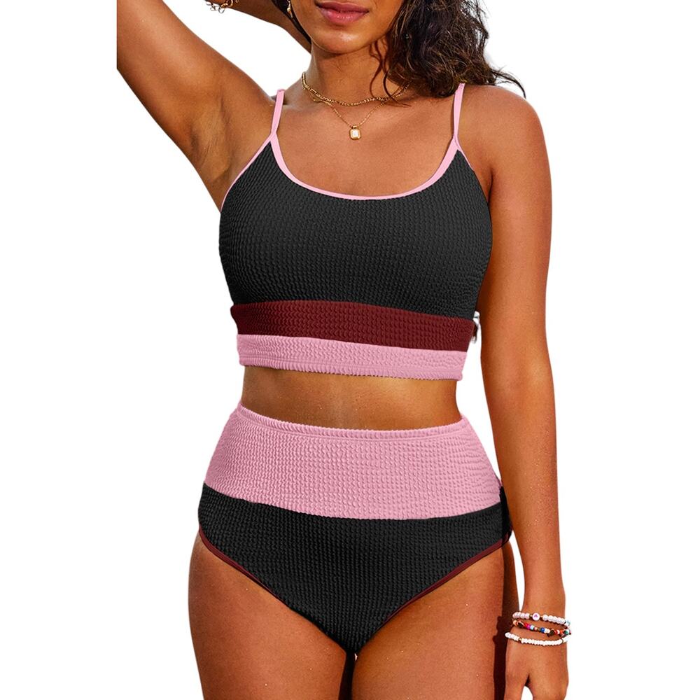 Black Burgundy Color Block High Waisted Bikini Set New Sizes: S M L XL